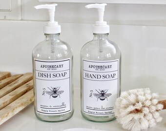 Set of 2 - French Apothecary Glass Bottles - 16 oz, Hand Soap - Dish Soap - WaterProof Labels - Refillable Soap Dispenser