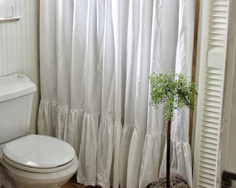 Shabby Chic Ruffled - Extra Long Shower Curtain - Crisp White Washed Cotton - Shabby Chic Shower Curtain