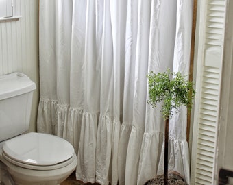 Shabby Chic Ruffled - Extra Long Shower Curtain - Crisp White Washed Cotton - Shabby Chic Shower Curtain