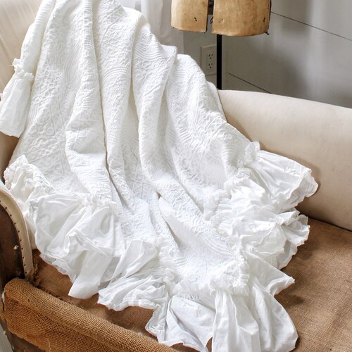 Matelasse Ruffled Cotton Throw Shabby Chic Bedding Pet Etsy