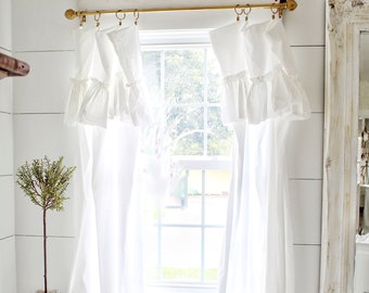 Adjustable Ruffled Curtain Panels up to 108 inches | White Washed Ruffled 100% Cotton Curtain Panels | Farmhouse Decor