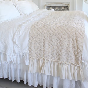 Ruffled Chenille Bed Scarf Chenille Ruffled Bed Linens Ruffled Bed Cover Bed Runner Bed RunnerChenille Bedding Shabby Chic Bedding image 1