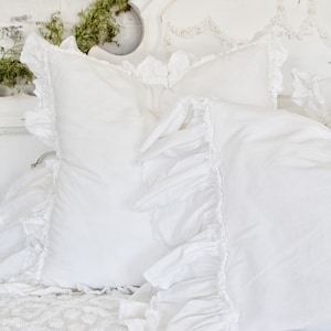 Ruffled Pillow Covers Side Ruffle Shams Cotton Pillow Cases Farmhouse Linens Pillow Cover Linen Bedding Shabby Chic Bedding image 1