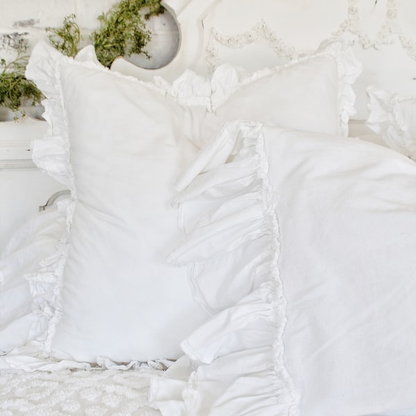 Ruffled Pillow Covers |Side Ruffle Shams | Cotton Pillow Cases | Farmhouse Linens | Pillow Cover | Linen Bedding | Shabby Chic Bedding