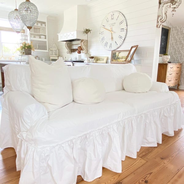 Ruffled Cotton Sofa Slipcover | Farmhouse Cottage Decor