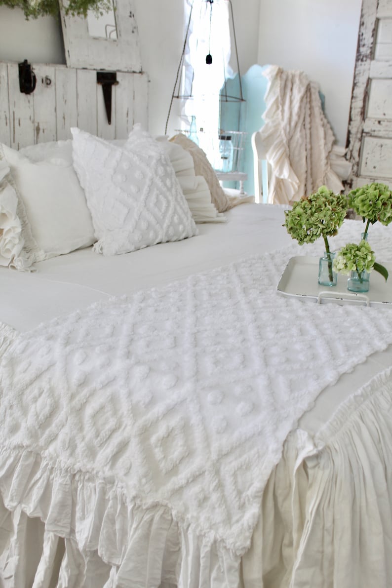 Ruffled Chenille Bed Scarf Chenille Ruffled Bed Linens Ruffled Bed Cover Bed Runner Bed RunnerChenille Bedding Shabby Chic Bedding image 6