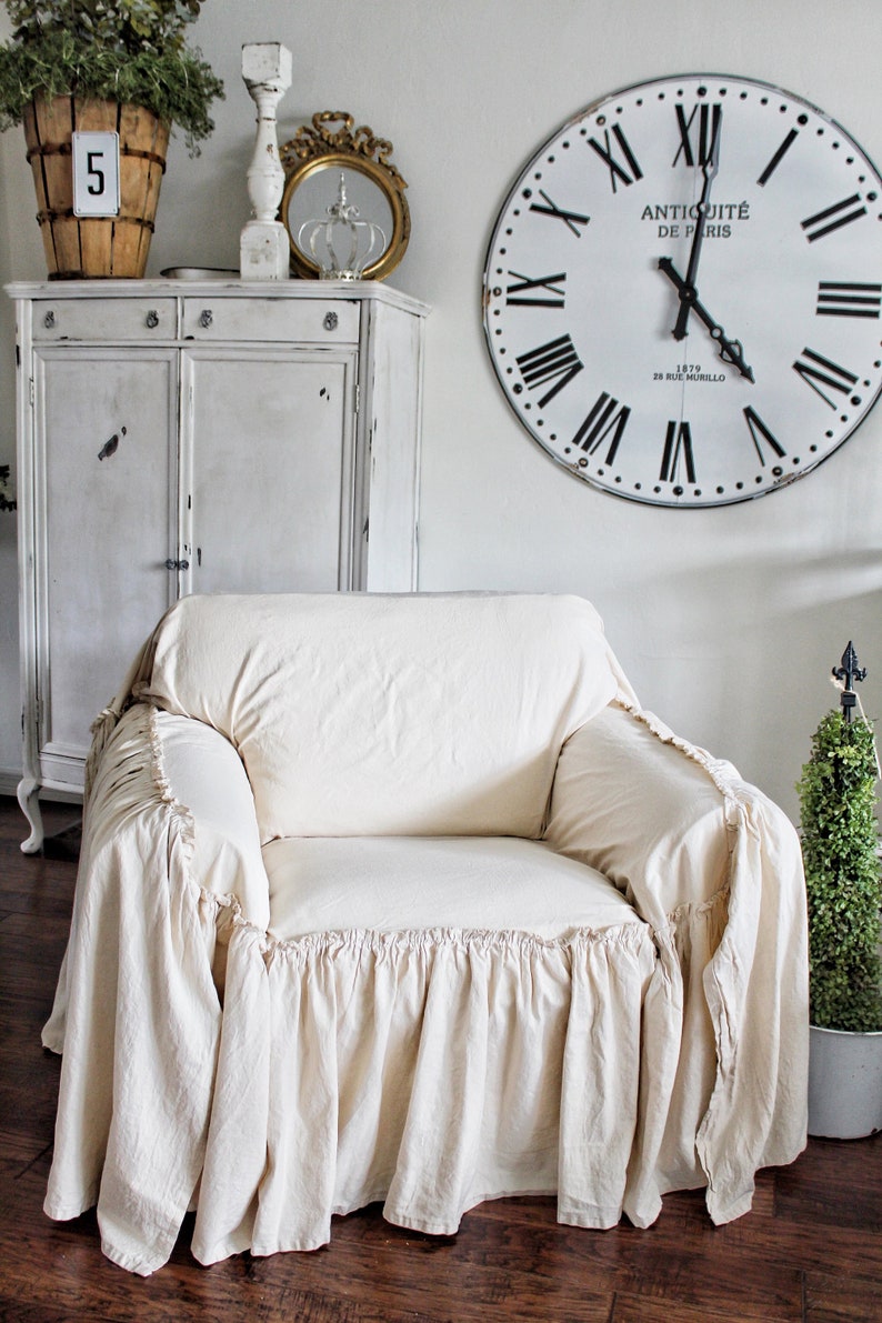 Ruffled Chair Cover Scarf Throw Slip Linen Recover Couch Farmhouse Decor Cottage Chic