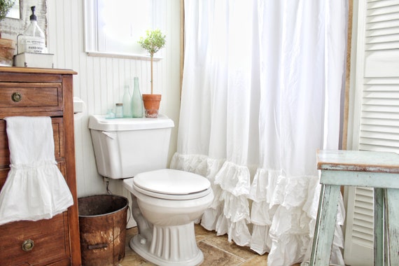 White Ruffled Shower Curtain With Rows Of Tattered Ruffles Etsy