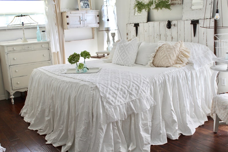 Ruffled Chenille Bed Scarf Chenille Ruffled Bed Linens Ruffled Bed Cover Bed Runner Bed RunnerChenille Bedding Shabby Chic Bedding image 5