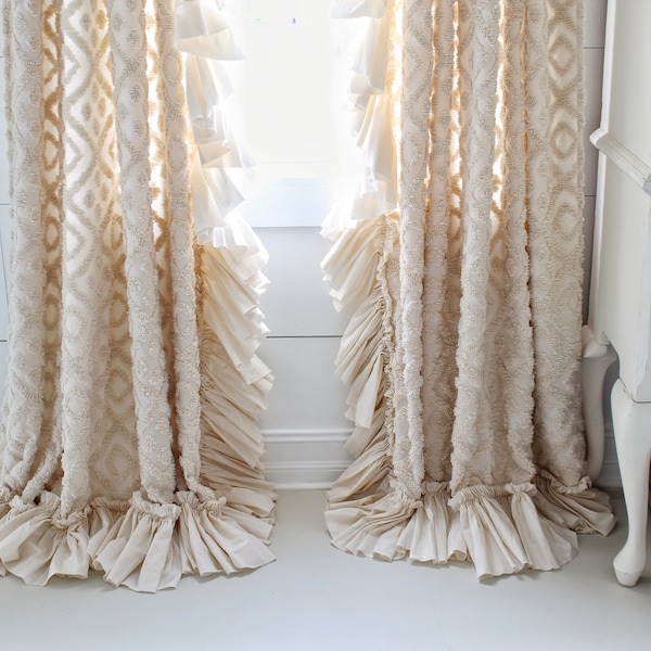 Chenille Ruffled Curtain Panel | Single Ruffled Curtain | Farmhouse Decor | Shabby Chic Bedding | Farmhouse Style | Priced Per Panel