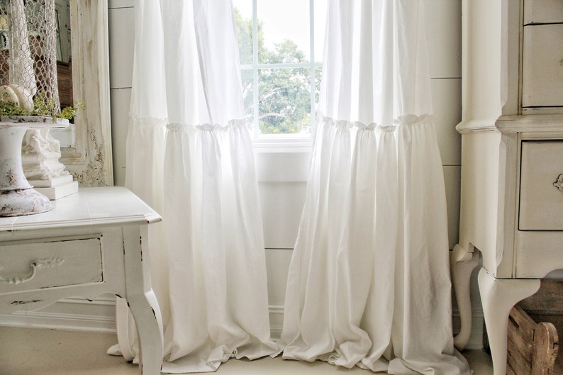 Ruffled Cotton Curtain Panel Ruffled Curtains Farmhouse Decor Shabby Chic Bedding Farmhouse Style Priced Per Panel image 3