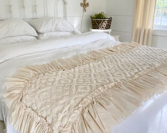 Ruffled Chenille Bed Scarf | Chenille Ruffled Bed Linens | Ruffled Bed Cover | Bed Runner |Bed Runner|Chenille Bedding | Shabby Chic Bedding