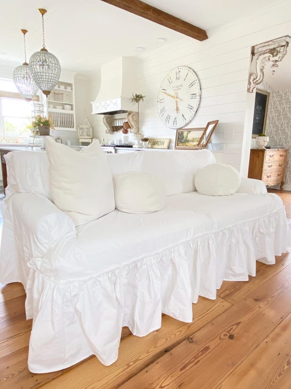 Ruffled Cotton Sofa Slipcover | Farmhouse Cottage Decor