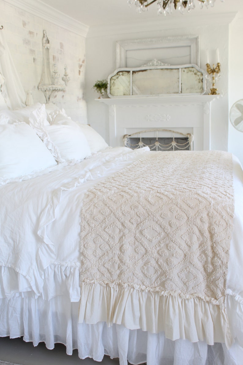 Ruffled Chenille Bed Scarf Chenille Ruffled Bed Linens Ruffled Bed Cover Bed Runner Bed RunnerChenille Bedding Shabby Chic Bedding image 1