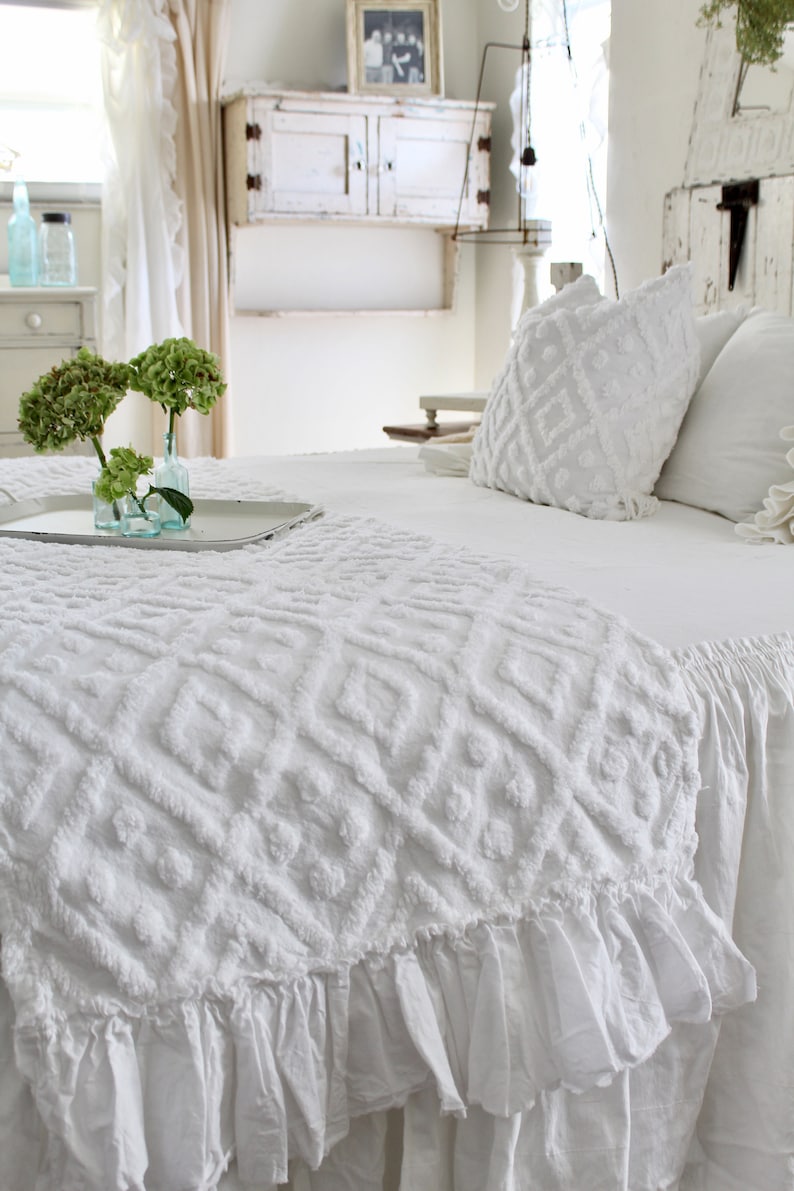 Ruffled Chenille Bed Scarf Chenille Ruffled Bed Linens Ruffled Bed Cover Bed Runner Bed RunnerChenille Bedding Shabby Chic Bedding image 4