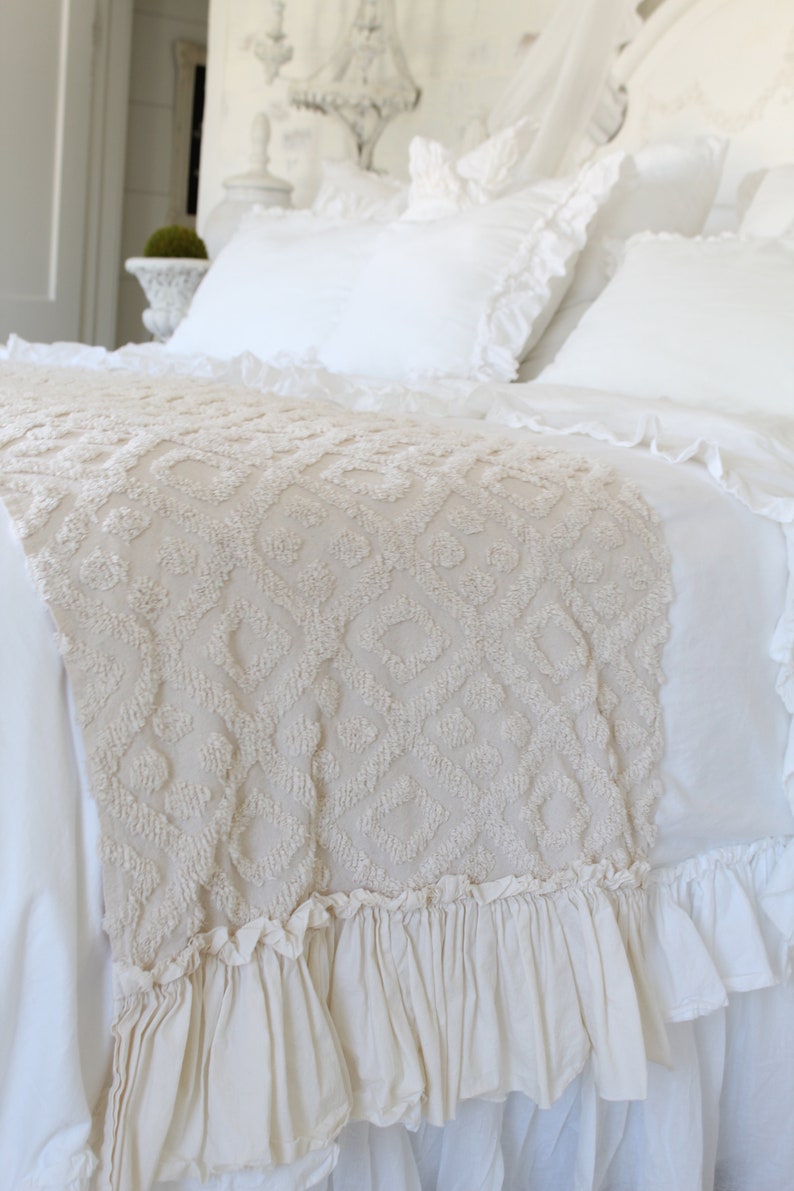 Ruffled Chenille Bed Scarf Chenille Ruffled Bed Linens Ruffled Bed Cover Bed Runner Bed RunnerChenille Bedding Shabby Chic Bedding image 8