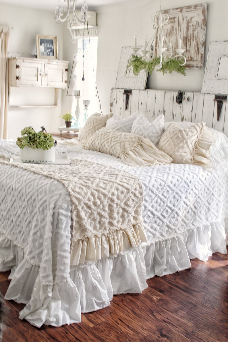 Ruffled Chenille Bed Scarf Chenille Ruffled Bed Linens Ruffled Bed Cover Bed Runner Bed RunnerChenille Bedding Shabby Chic Bedding image 3