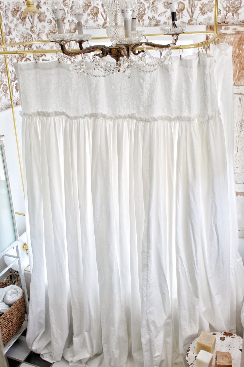 Extra Long Shower Curtains Shabby Chic Ruffled White Shower Curtain Cotton Shower Curtains Farmhouse Bathroom image 1
