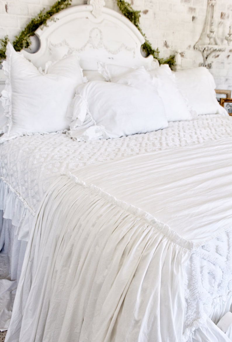 Ruffled Bed Scarf Ruffled Bed Linens Ruffled Bed Cover Bed Runner Ruffled Bed Bed Runner Linen Bedding Shabby Chic Bedding image 2