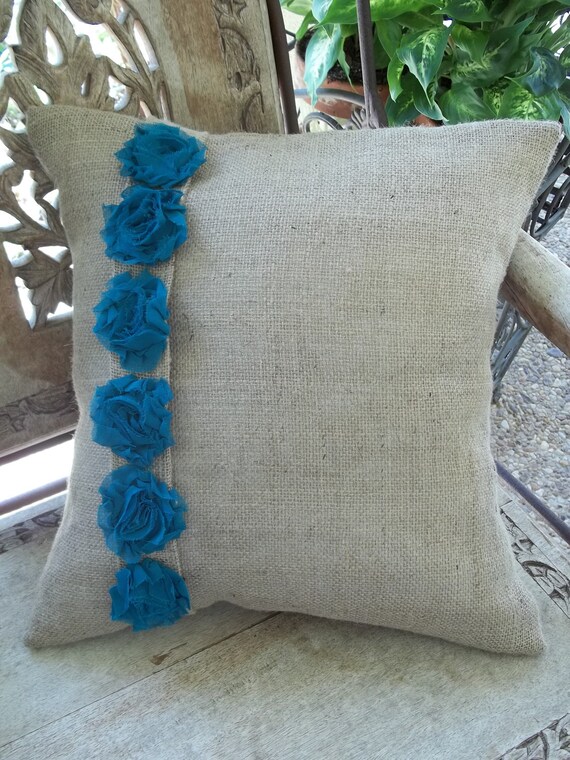 Items similar to Shabby Aqua Flowers on Burlap Pillow Slip on Etsy