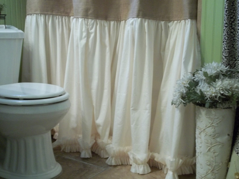 Burlap Shower Curtain Shabby Chic Burlap & Cotton Gathered Etsy