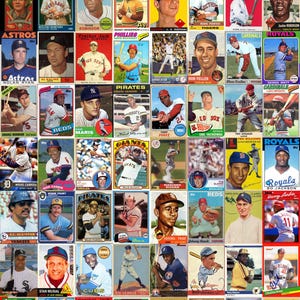May include: A collage of vintage baseball cards featuring various players in their team uniforms. The cards showcase players like Mickey Mantle, Willie Mays, and Jackie Robinson. The cards have a classic design with team logos and player names.