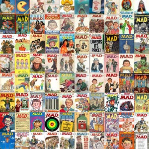 May include: A collection of vintage MAD Magazine covers, showcasing various illustrations and text. The covers feature bold colors, caricatures, and the iconic MAD logo. The magazines are arranged in a grid, displaying a range of satirical themes and artistic styles.