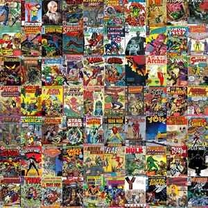 May include: A collage of vintage comic book covers, featuring superheroes and action scenes. The collection includes titles like "Spider-Man," "Captain Marvel," and "The Hulk," with vibrant colors and dynamic illustrations. A nostalgic collection for comic book enthusiasts.