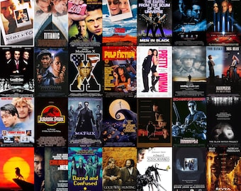 May include: A grid of forty-two movie posters featuring various titles including Scream, Eyes Wide Shut, Schindler's List, Boyz n the Hood, Fargo, The Truman Show, The Big Lebowski, Memento, Titanic, Fight Club, Thelma & Louise, and Men in Black.