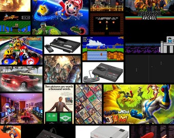 May include: A collage of various video game consoles, controllers, and iconic game characters including Mario, Earthworm Jim, and Donkey Kong, alongside classic game box art, screenshots, and promotional posters featuring diverse gaming imagery.
