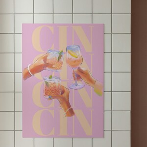 Cin Cin ウォールアート | カクテルプリントドリンクアート | ガールズナイトバーデコレーション | ピンクのデジタルダウンロード | 楽しいキッチンやホームバープリント