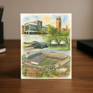 Gainesville, FL Orange & Blau Zustand | Karte zur Abschlussfeier in Aquarell | Florida College Town Geschenk