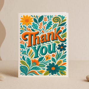 Biglietto di ringraziamento in stile folk - Biglietto di auguri floreale luminoso, biglietto di ringraziamento con calligrafia retrò, cancelleria boho stravagante