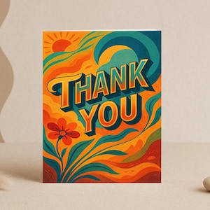 Carte de remerciement rétro - design groovy audacieux avec soleil et fleurs, ambiance vintage des années 70