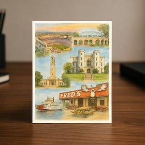 Baton Rouge, LA staat paars en goud | Afstudeerkaart aquarel illustratie | Louisiana College Town-cadeau