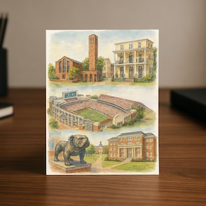 Tarjeta de graduación con ilustración en acuarela de Starkville, MS, color granate y blanco / Regalo para la ciudad universitaria de Mississippi