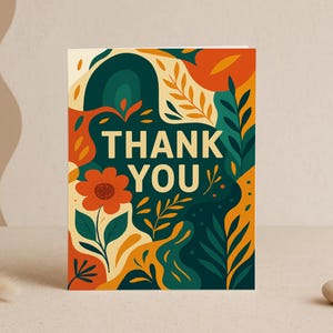 Gedurfde moderne bedankkaart – blanco binnenkant, abstracte bloemen dankbaarheidskaart met levendige retrokleuren