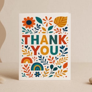 Retro regenboogbedankkaart – blanco binnenkant, kleurrijke bloemen dankbaarheidskaart met gedurfde letters, vrolijk boho-briefpapier