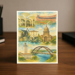 Austin, TX (Verbrande sinaasappelstaat) | Afstudeerkaart aquarel illustratie | Texas College Town-cadeau