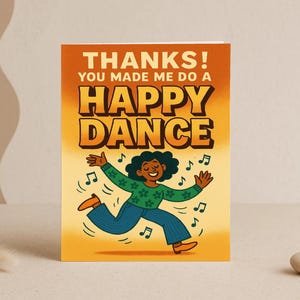 Biglietto di ringraziamento "Happy Dance" - Divertente biglietto di ringraziamento, vuoto all'interno, giocoso biglietto di ringraziamento ispirato al retrò con personaggio danzante