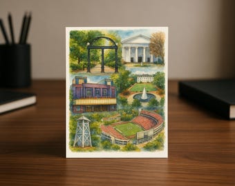 Athens, GA Red & Black State | Watercolor Illustration Graduation Card | Georgia College Town Gift