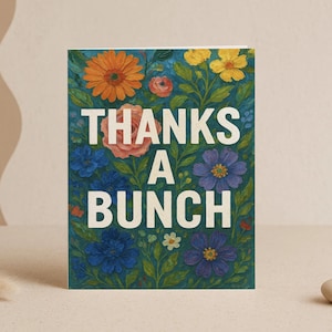 Carte de remerciements picturale - Vierge à l'intérieur, carte de gratitude florale texturée avec lettrage blanc audacieux, remerciement d'inspiration artistique