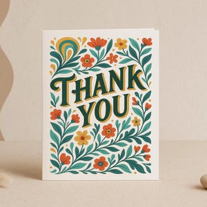 Vintage bloemenbedankkaart – blanco binnenkant, grillige retro-geïnspireerde dankbaarheidskaart met gedurfde handletters