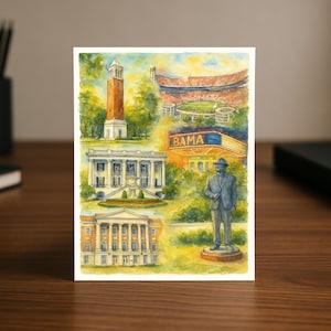 Tuscaloosa, AL Crimson Bundesstaat | Karte zur Abschlussfeier in Aquarell | Alabama College Town Geschenk