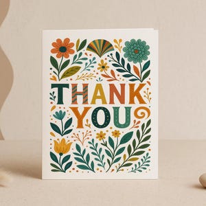 Boho bloemen bedankkaart – blanco binnenkant, kleurrijke handletters dankbaarheidskaart, rustiek-botanisch briefpapier