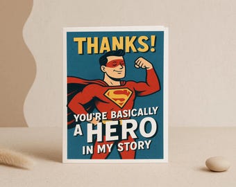 Thanks Hero Card – Retro Superhero Thank You – You&#39;re My Hero Greeting Card – Gratitude Stationery – Bold Comic Style Appreciation Card
