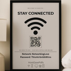 Airbnb wifi-bord afdrukbaar met QR-code – bewerkbare canva-sjabloon – gasten scannen om verbinding te maken – directe toegang tot netwerk