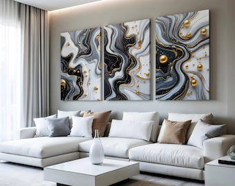 Gouden marmeren abstracte set van 3 muurkunst: luxe drieluik woondecoratie (digitale download)