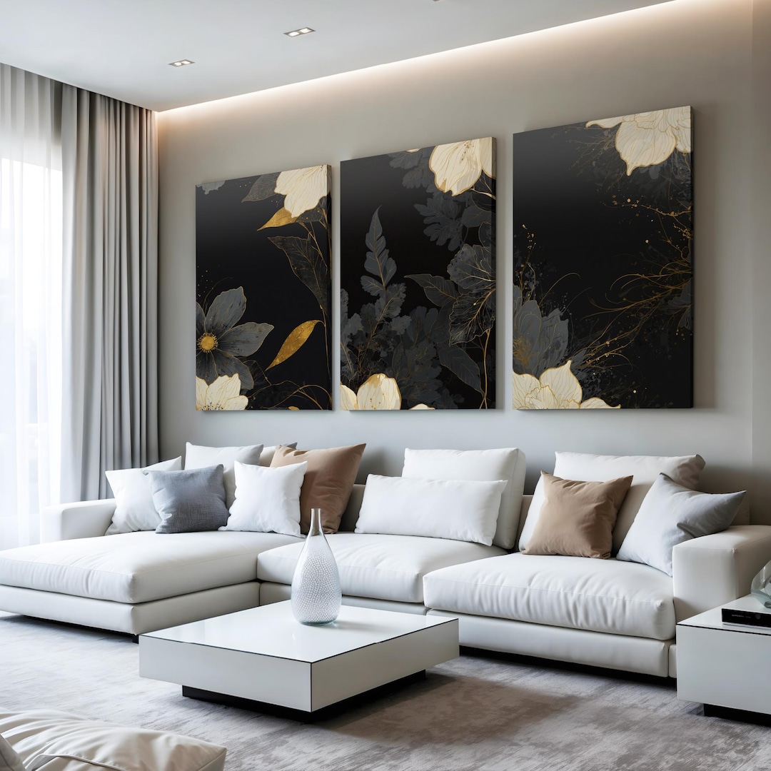 Set of 3 Gold and Black Floral Wall Art Prints, Modern Botanical ...