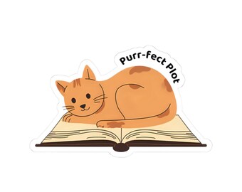 Cat on Book Sticker: Purr-fect Plot, Waterproof Vinyl Decal